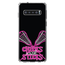 DistinctInk® Clear Shockproof Hybrid Case for Apple iPhone / Samsung Galaxy / Google Pixel - Hot Pink Lacrosse - Chicks with Sticks