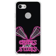 DistinctInk® Clear Shockproof Hybrid Case for Apple iPhone / Samsung Galaxy / Google Pixel - Hot Pink Lacrosse - Chicks with Sticks