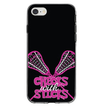 DistinctInk® Clear Shockproof Hybrid Case for Apple iPhone / Samsung Galaxy / Google Pixel - Hot Pink Lacrosse - Chicks with Sticks