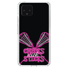 DistinctInk® Clear Shockproof Hybrid Case for Apple iPhone / Samsung Galaxy / Google Pixel - Hot Pink Lacrosse - Chicks with Sticks