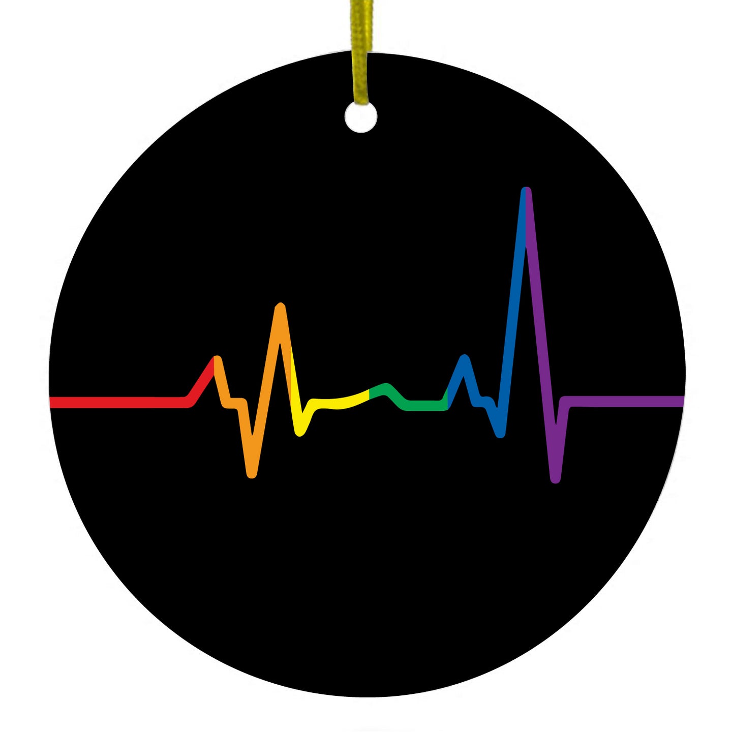 DistinctInk® Hanging Ceramic Christmas Tree Ornament with Gold String - Great Gift / Present - 2 3/4 inch Diameter - Rainbow Pulse Heart Beat