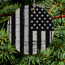 DistinctInk® Hanging Ceramic Christmas Tree Ornament with Gold String - Great Gift / Present - 2 3/4 inch Diameter - Black Grey US Flag United States