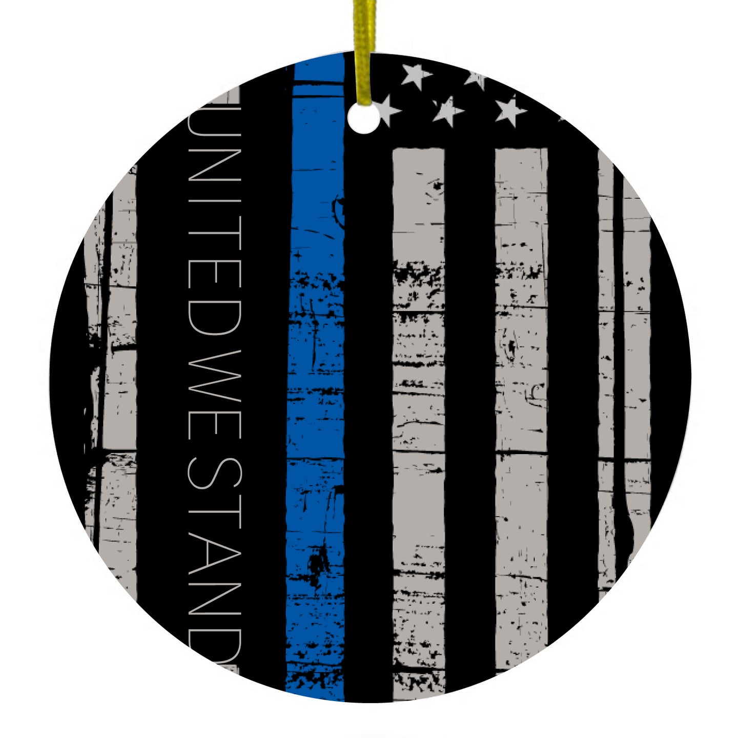 DistinctInk® Hanging Ceramic Christmas Tree Ornament with Gold String - Great Gift / Present - 2 3/4 inch Diameter - Thin Blue Line US Flag 