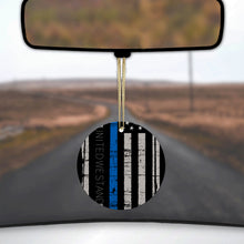 DistinctInk® Hanging Ceramic Christmas Tree Ornament with Gold String - Great Gift / Present - 2 3/4 inch Diameter - Thin Blue Line US Flag "United We Stand"