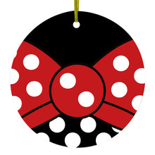 DistinctInk® Hanging Ceramic Christmas Tree Ornament with Gold String - Great Gift / Present - 2 3/4 inch Diameter - Black White Polka Dot Red Bow Minnie