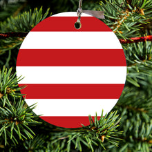 DistinctInk® Hanging Ceramic Christmas Tree Ornament with Gold String - Great Gift / Present - 2 3/4 inch Diameter - Red & White Bold Horizontal Stripes