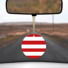 DistinctInk® Hanging Ceramic Christmas Tree Ornament with Gold String - Great Gift / Present - 2 3/4 inch Diameter - Red & White Bold Horizontal Stripes