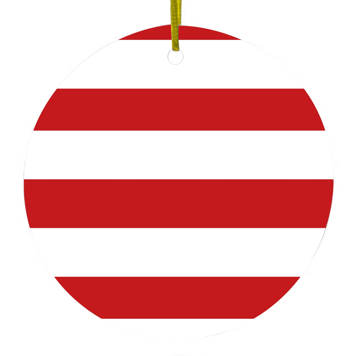 DistinctInk® Hanging Ceramic Christmas Tree Ornament with Gold String - Great Gift / Present - 2 3/4 inch Diameter - Red & White Bold Horizontal Stripes