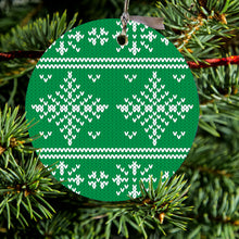 DistinctInk® Hanging Ceramic Christmas Tree Ornament with Gold String - Great Gift / Present - 2 3/4 inch Diameter - Green White Ugly Christmas Sweater
