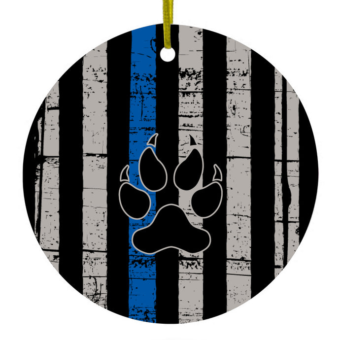 DistinctInk® Hanging Ceramic Christmas Tree Ornament with Gold String - Great Gift / Present - 2 3/4 inch Diameter - Thin Blue Line US Flag K9 Dog Paw