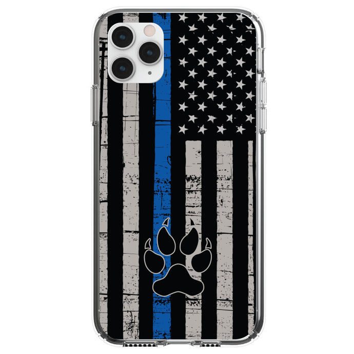 DistinctInk® Clear Shockproof Hybrid Case for Apple iPhone / Samsung Galaxy / Google Pixel - Thin Blue Line US Flag K9 Dog Paw