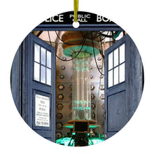 DistinctInk® Hanging Ceramic Christmas Tree Ornament with Gold String - Great Gift / Present - 2 3/4 inch Diameter - Open TARDIS - It's Bigger on the Inside