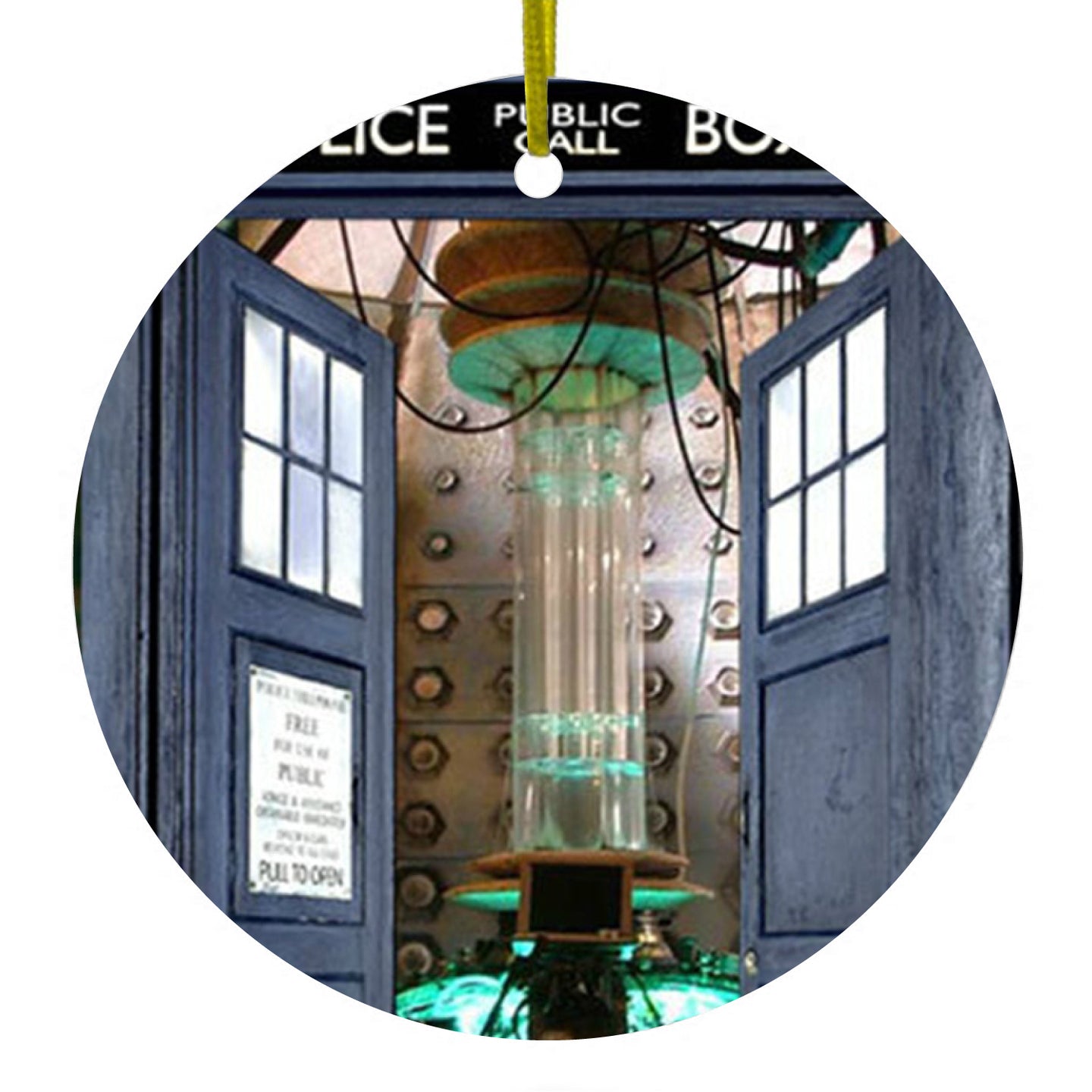 DistinctInk® Hanging Ceramic Christmas Tree Ornament with Gold String - Great Gift / Present - 2 3/4 inch Diameter - Open TARDIS - It's Bigger on the Inside