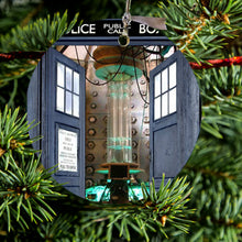 DistinctInk® Hanging Ceramic Christmas Tree Ornament with Gold String - Great Gift / Present - 2 3/4 inch Diameter - Open TARDIS - It's Bigger on the Inside
