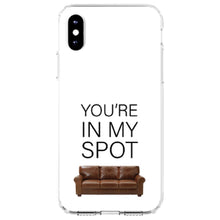 DistinctInk® Clear Shockproof Hybrid Case for Apple iPhone / Samsung Galaxy / Google Pixel - Brown Couch "You're in My Spot"