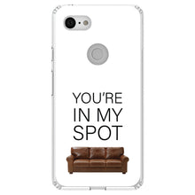 DistinctInk® Clear Shockproof Hybrid Case for Apple iPhone / Samsung Galaxy / Google Pixel - Brown Couch "You're in My Spot"