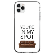 DistinctInk® Clear Shockproof Hybrid Case for Apple iPhone / Samsung Galaxy / Google Pixel - Brown Couch "You're in My Spot"