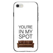DistinctInk® Clear Shockproof Hybrid Case for Apple iPhone / Samsung Galaxy / Google Pixel - Brown Couch "You're in My Spot"