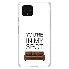 DistinctInk® Clear Shockproof Hybrid Case for Apple iPhone / Samsung Galaxy / Google Pixel - Brown Couch "You're in My Spot"