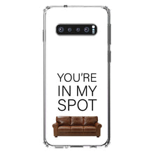 DistinctInk® Clear Shockproof Hybrid Case for Apple iPhone / Samsung Galaxy / Google Pixel - Brown Couch "You're in My Spot"