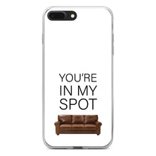DistinctInk® Clear Shockproof Hybrid Case for Apple iPhone / Samsung Galaxy / Google Pixel - Brown Couch "You're in My Spot"
