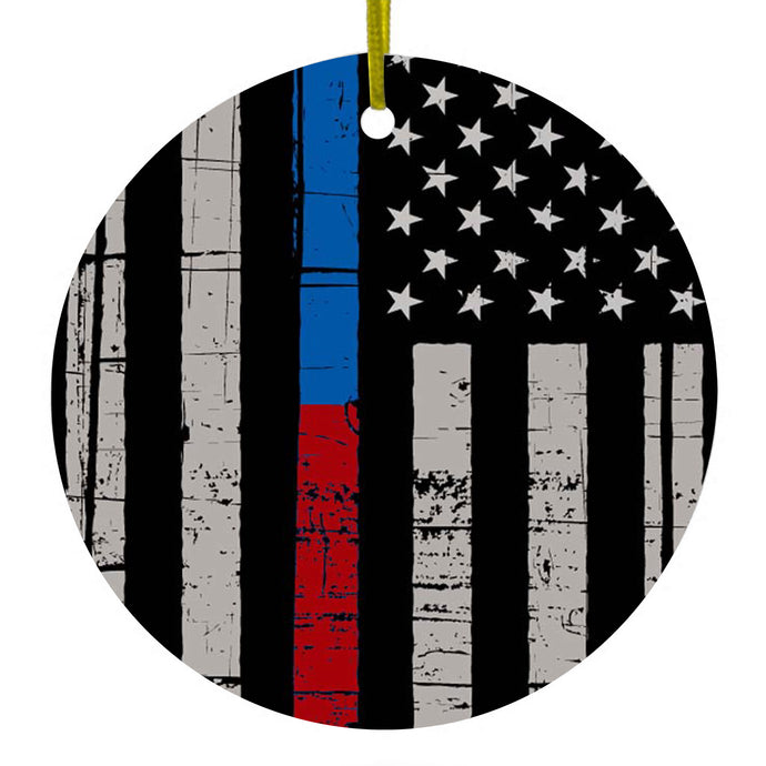 DistinctInk® Hanging Ceramic Christmas Tree Ornament with Gold String - Great Gift / Present - 2 3/4 inch Diameter - Thin Blue Line Thin Red Line US Flag