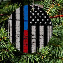 DistinctInk® Hanging Ceramic Christmas Tree Ornament with Gold String - Great Gift / Present - 2 3/4 inch Diameter - Thin Blue Line Thin Red Line US Flag