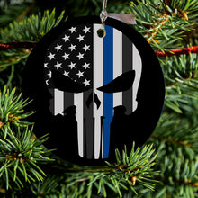 DistinctInk® Hanging Ceramic Christmas Tree Ornament with Gold String - Great Gift / Present - 2 3/4 inch Diameter - Thin Blue Line Skull