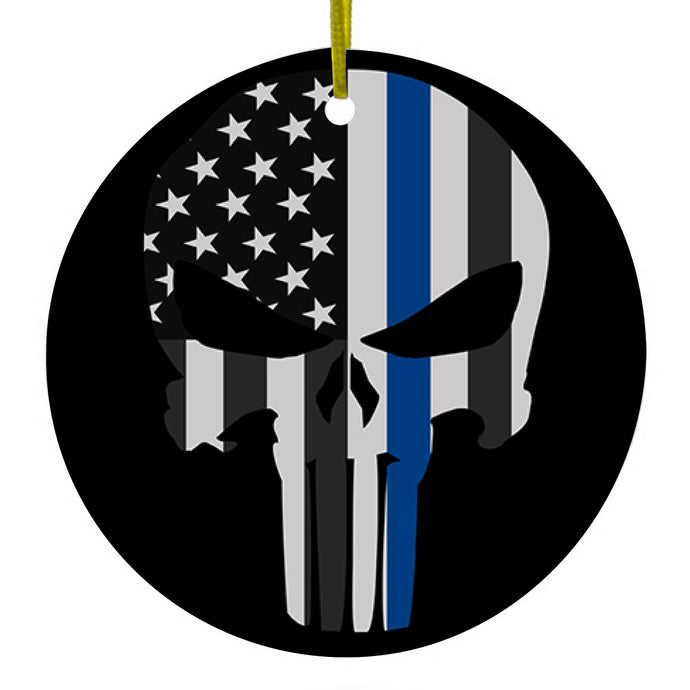 DistinctInk® Hanging Ceramic Christmas Tree Ornament with Gold String - Great Gift / Present - 2 3/4 inch Diameter - Thin Blue Line Skull