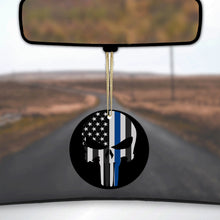 DistinctInk® Hanging Ceramic Christmas Tree Ornament with Gold String - Great Gift / Present - 2 3/4 inch Diameter - Thin Blue Line Skull