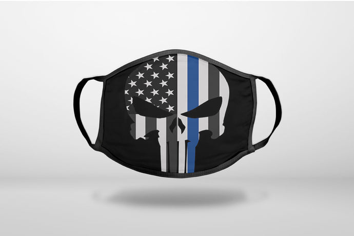 Thin Blue Line Skull - 3-Ply Reusable Soft Face Mask Covering, Unisex, Cotton Inner Layer