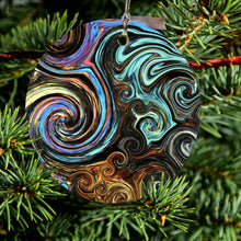 DistinctInk® Hanging Ceramic Christmas Tree Ornament with Gold String - Great Gift / Present - 2 3/4 inch Diameter - Gold Brown Black Blue Abstract Swirls