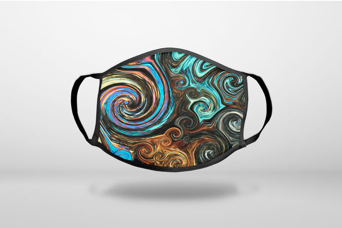Gold Brown Black Blue Abstract Swirls - 3-Ply Reusable Soft Face Mask Covering, Unisex, Cotton Inner Layer