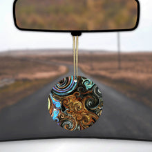 DistinctInk® Hanging Ceramic Christmas Tree Ornament with Gold String - Great Gift / Present - 2 3/4 inch Diameter - Gold Brown Black Blue Abstract Swirls