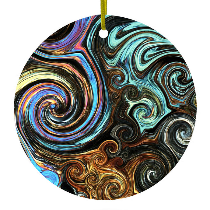 Gold Brown Black Blue Abstract Swirls Ceramic Ornament