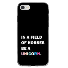 DistinctInk® Clear Shockproof Hybrid Case for Apple iPhone / Samsung Galaxy / Google Pixel - In a Field of Horses, Be a Unicorn - Rainbow