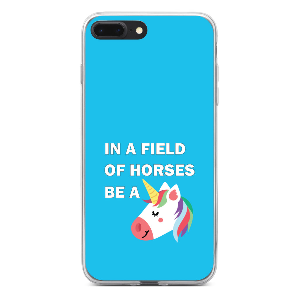 In a Field of Horses, Be a Unicorn, Blue Clear Shockproof iPhone Case, view 6