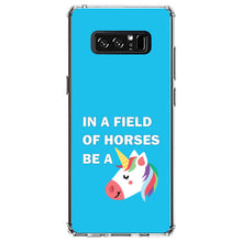 DistinctInk® Clear Shockproof Hybrid Case for Apple iPhone / Samsung Galaxy / Google Pixel - In a Field of Horses, Be a Unicorn - Blue