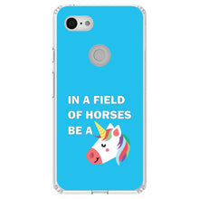 DistinctInk® Clear Shockproof Hybrid Case for Apple iPhone / Samsung Galaxy / Google Pixel - In a Field of Horses, Be a Unicorn - Blue