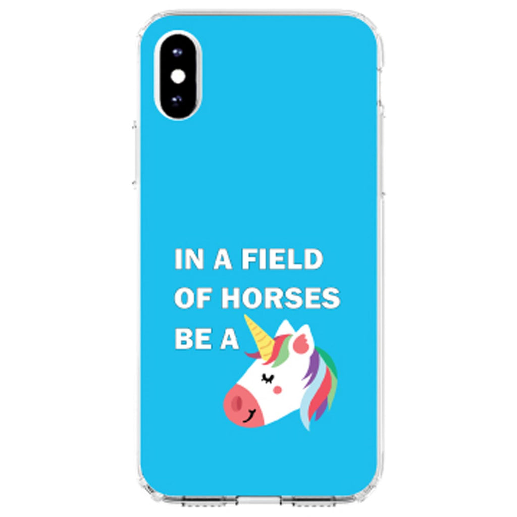 In a Field of Horses, Be a Unicorn, Blue Clear Shockproof iPhone Case, view 3