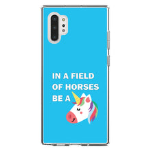 DistinctInk® Clear Shockproof Hybrid Case for Apple iPhone / Samsung Galaxy / Google Pixel - In a Field of Horses, Be a Unicorn - Blue