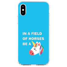 DistinctInk® Clear Shockproof Hybrid Case for Apple iPhone / Samsung Galaxy / Google Pixel - In a Field of Horses, Be a Unicorn - Blue