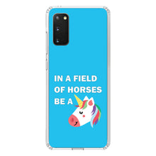 DistinctInk® Clear Shockproof Hybrid Case for Apple iPhone / Samsung Galaxy / Google Pixel - In a Field of Horses, Be a Unicorn - Blue