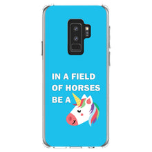 DistinctInk® Clear Shockproof Hybrid Case for Apple iPhone / Samsung Galaxy / Google Pixel - In a Field of Horses, Be a Unicorn - Blue