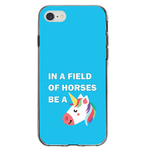 DistinctInk® Clear Shockproof Hybrid Case for Apple iPhone / Samsung Galaxy / Google Pixel - In a Field of Horses, Be a Unicorn - Blue