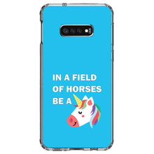 DistinctInk® Clear Shockproof Hybrid Case for Apple iPhone / Samsung Galaxy / Google Pixel - In a Field of Horses, Be a Unicorn - Blue