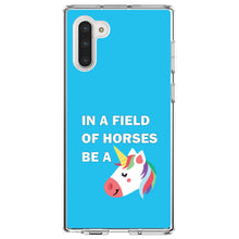 DistinctInk® Clear Shockproof Hybrid Case for Apple iPhone / Samsung Galaxy / Google Pixel - In a Field of Horses, Be a Unicorn - Blue