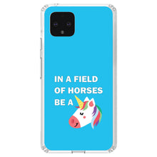 DistinctInk® Clear Shockproof Hybrid Case for Apple iPhone / Samsung Galaxy / Google Pixel - In a Field of Horses, Be a Unicorn - Blue