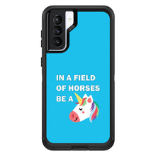 DistinctInk™ OtterBox Defender Series Case for Apple iPhone / Samsung Galaxy / Google Pixel - In a Field of Horses, Be a Unicorn - Blue