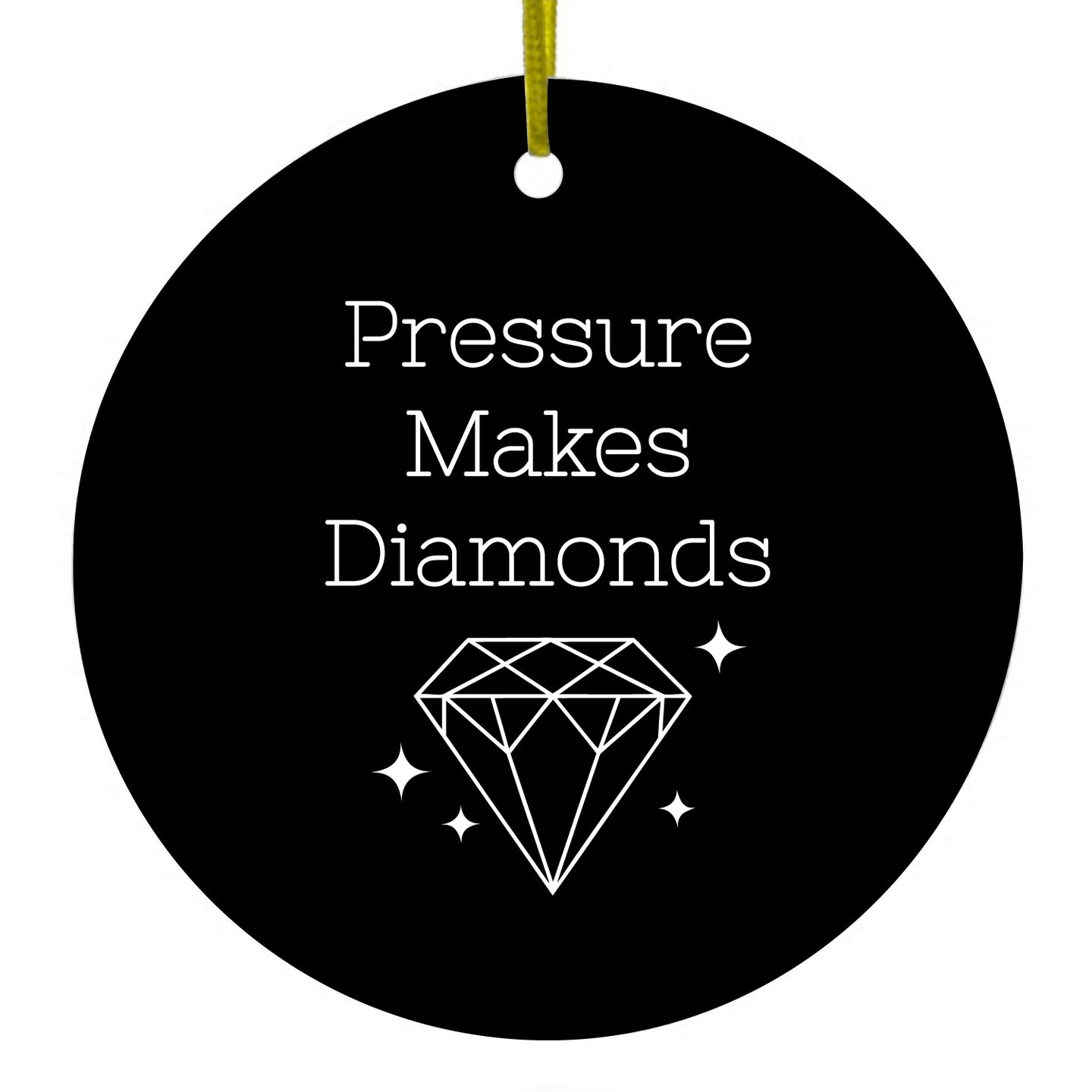 DistinctInk® Hanging Ceramic Christmas Tree Ornament with Gold String - Great Gift / Present - 2 3/4 inch Diameter - Pressure Makes Diamonds - Black / White
